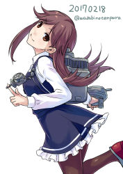 Rule 34 | 10s, 1girl, arashio (kancolle), arashio kai ni (kancolle), bad id, bad pixiv id, brown eyes, brown hair, crime prevention buzzer, dated, dress, frilled dress, frills, from side, kantai collection, long sleeves, looking at viewer, machinery, pantyhose, pinafore dress, searchlight, sleeveless dress, smile, solo, turret, twitter username, wasabino tenpura
