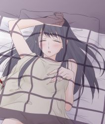 Rule 34 | 10s, 1girl, ^ ^, bad id, bad pixiv id, bare shoulders, black hair, blanket, blush, closed eyes, closed eyes, fusou (kancolle), kantai collection, long hair, open mouth, pillow, sleeping, solo, udon (shiratama)