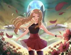 Rule 34 | 1girl, black footwear, blonde hair, blurry, cloud, collared shirt, commentary request, creatures (company), floating hair, flower, game freak, grey eyes, hair tie, high-waist skirt, highres, lens flare, long hair, mega ring, nasakixoc, nintendo, no headwear, open mouth, outdoors, petals, pokemon, pokemon xy, purple flower, red skirt, serena (pokemon), shirt, skirt, sky, sleeveless, sleeveless shirt, smile, solo, thighhighs