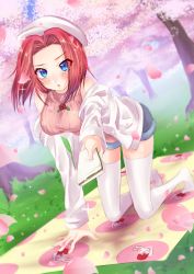 Rule 34 | 1girl, absurdres, bad id, bad twitter id, bare shoulders, blue eyes, blush, cherry blossoms, code geass, food, grass, hama cheese, hat, highres, kouzuki kallen, long sleeves, looking at viewer, open mouth, red hair, sandwich, short hair, signature, solo, tree