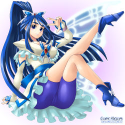 Rule 34 | 00s, 1girl, blue eyes, blue hair, blue shorts, boots, butterfly hair ornament, cameltoe, character name, copyright name, cure aqua, elbow gloves, gloves, hair ornament, crossed legs, long hair, magical girl, matching hair/eyes, minazuki karen, precure, shorts, shorts under skirt, sitting, solo, wide ponytail, yaso shigeru, yes! precure 5