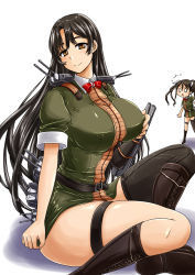 Rule 34 | 10s, 2girls, black hair, boots, bow, bowtie, breast envy, breasts, brown eyes, chikuma (kancolle), covered erect nipples, dress, highres, huge breasts, kantai collection, looking at viewer, multiple girls, nozarashi satoru, simple background, thighs, tone (kancolle), white background