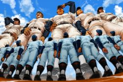 Rule 34 | 6+boys, backwards hat, bara, baseball uniform, belt, black hair, bulge, chijimetaro, cloud, cloudy sky, crowd, from below, full body, giant, giant male, hand on own hip, hat, highres, large pectorals, looking up, male focus, multiple boys, muscular, original, pants, pectorals, shoes, short hair, size difference, sky, sportswear, standing, thick thighs, thighs, tight clothes, tight pants, white pants