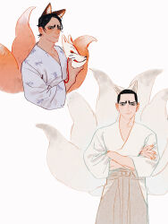 Rule 34 | 2boys, animal ears, black eyes, brothers, chengongzi123, closed mouth, crossed arms, dark-skinned male, dark skin, fox boy, fox ears, fox mask, fox tail, golden kamuy, grey pants, hakama, hakama pants, hands up, highres, hip vent, holding, holding mask, japanese clothes, kemonomimi mode, kitsune, koito heinojou, koito otonoshin, long sleeves, looking at viewer, male focus, mask, multiple boys, multiple tails, pants, siblings, simple background, smile, tail, unworn mask, upper body, white background, wide sleeves