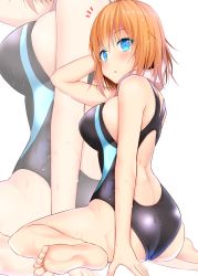 Rule 34 | 1girl, :o, ^^^, arm up, ass, barefoot, black one-piece swimsuit, blue eyes, blush, breasts, competition swimsuit, feet, from behind, highres, large breasts, looking back, one-piece swimsuit, open mouth, orange hair, original, sideboob, simple background, sitting, soles, solo, swimsuit, takeyuu, thighs, toes, towel, wariza, wet, white background, zoom layer