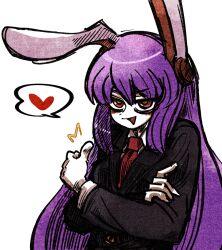 Rule 34 | 1girl, animal ears, black jacket, collared shirt, commentary request, crossed arms, hatching (texture), heart, jacket, long hair, long sleeves, looking at viewer, medium bangs, necktie, open mouth, rabbit ears, rabbit girl, red eyes, red necktie, reisen udongein inaba, shirt, simple background, smile, solo, spoken heart, suenari (peace), thumbs up, touhou, upper body, white background, white shirt