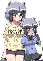 Rule 34 | 2girls, alternate costume, animal ears, black neckwear, blue hair, blue skirt, blue sweater, blush, bow, bowtie, brown eyes, commentary request, common raccoon (kemono friends), cowboy shot, crossover, flying sweatdrops, fur collar, grey hair, height difference, highres, kemono friends, multicolored hair, multiple girls, multiple persona, ngetyan, nose blush, patchwork skin, pleated skirt, puffy short sleeves, puffy sleeves, raccoon ears, raccoon girl, raccoon tail, red eyes, shirt, short hair, short shorts, short sleeves, shorts, skirt, sweatdrop, sweater, t-shirt, tail, translation request, white hair, yellow shirt, zombie