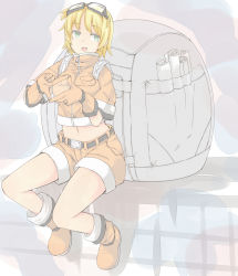 Rule 34 | 1girl, :d, backpack, bag, bel hydra, blonde hair, blood lad, finger frame, goggles, goggles on head, green eyes, highres, makino (katasumi), open mouth, shorts, smile, solo