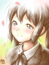 Rule 34 | 1girl, black eyes, black hair, crying, crying with eyes open, k-on!, kyouka asuka, long hair, nakano azusa, petals, portrait, school uniform, solo, tears, twintails