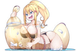 Rule 34 | 1girl, arched back, artist name, ass, bandaid, bare shoulders, bikini, black bikini, blonde hair, blue eyes, blush, braid, breast press, breasts, cleavage, cowboy shot, cowgirl position, curvy, darkness (konosuba), drooling, english text, floating, floating object, food, fruit, hair between eyes, hair ornament, hot vr, inflatable toy, kono subarashii sekai ni shukufuku wo!, large breasts, long hair, naughty face, o-ring, open mouth, patreon username, pixiv username, riding, see-through, simple background, smile, solo, spread legs, squeezing, straddling, swimsuit, thick thighs, thighs, transparent, water, wet, white background