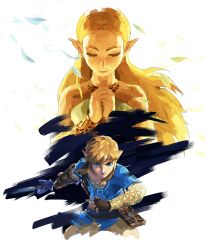 Rule 34 | 1boy, 1girl, absurdres, blonde hair, blue eyes, closed eyes, highres, jewelry, link, looking at viewer, necklace, nintendo, official art, own hands together, pointy ears, princess zelda, sword, the legend of zelda, the legend of zelda: breath of the wild, weapon