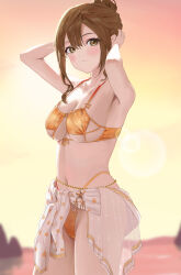 Rule 34 | absurdres, armpits, arms behind head, arms up, bikini, blush, breasts, brown eyes, brown hair, commentary, dead or alive, dead or alive xtreme, hair between eyes, highres, hoki1314, long hair, looking at viewer, medium breasts, misaki (doa), smile, sunset, swimsuit, thighs, water