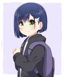 Rule 34 | 10s, 1girl, absurdres, backpack, bag, black hoodie, blue hair, blush, closed mouth, collared shirt, commentary request, darling in the franxx, green eyes, hair between eyes, hair ornament, highres, hood, hood down, hoodie, ichigo (darling in the franxx), ikazu401, long sleeves, looking at viewer, looking to the side, open clothes, open hoodie, own hands together, purple background, shirt, solo, two-tone background, white background, white shirt