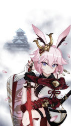 Rule 34 | 1girl, animal ears, armor, asymmetrical gloves, closed mouth, fox ears, gloves, glowing, glowing weapon, hair between eyes, hair ornament, highres, holding, holding hands, holding sword, holding weapon, honkai (series), honkai impact 3rd, japanese armor, japanese clothes, katana, looking at viewer, mismatched gloves, petals, pink hair, pomo910, purple eyes, red gloves, sheath, sheathed, smile, solo, sword, temple, weapon, white background, white gloves, yae sakura, yae sakura (flame sakitama)