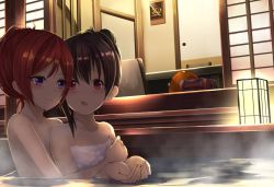 Rule 34 | 2girls, :o, bag, bare shoulders, bathing, blush, brown hair, collarbone, completely nude, duffel bag, house, hug, hug from behind, lantern, looking back, love live!, love live! school idol project, multiple girls, naked towel, nishikino maki, nude, onsen, open mouth, orein, outdoors, own hands together, painting (object), partially submerged, pink eyes, purple eyes, red hair, short hair, sliding doors, steam, table, tareme, towel, water, yazawa nico, yuri
