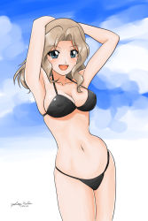 Rule 34 | 10s, 1girl, armpits, arms behind head, arms up, beach, bikini, blue eyes, blush, breasts, brown hair, cleavage, covered erect nipples, girls und panzer, groin, kay (girls und panzer), long hair, looking at viewer, matsui yasutsugu, navel, open mouth, smile, solo, swimsuit