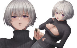 Rule 34 | 1boy, 1girl, breasts, cleavage, cleavage cutout, clothing cutout, giant, giantess, highres, kuroihassan, large breasts, looking at viewer, purple eyes, short hair, solo focus, vore, white hair