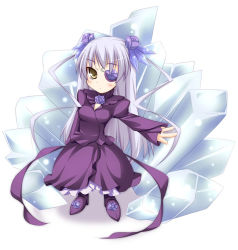 Rule 34 | 00s, 1girl, barasuishou, brown eyes, chibi, chibi only, crystal, dress, flower, flower eyepatch, hairband, lolita hairband, long sleeves, looking at viewer, outstretched arm, purple dress, rose, rozen maiden, shimakaze (soundz of bell), silver hair, simple background, solo, standing, white background