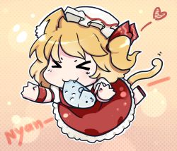 Rule 34 | &gt;:3, &gt; &lt;, 1girl, :3, > <, animal ears, blonde hair, cat ears, cat tail, chibi, dress, eyebrows, closed eyes, fang, fang out, fish, flandre scarlet, kemonomimi mode, no wings, nobu baka, outstretched hand, red dress, running, side ponytail, solo, tail, touhou, v-shaped eyebrows, wavy mouth, wristband, x3