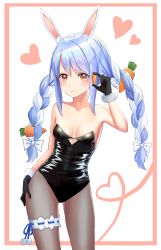 Rule 34 | 1girl, :3, absurdres, alternate costume, animal ear fluff, animal ears, bare shoulders, black gloves, black leotard, blue hair, blush, bow, braid, breasts, bridal garter, carrot, closed mouth, collarbone, commentary request, contrapposto, cowboy shot, food, gloves, hair ornament, hand on own hip, hand up, heart, highres, holding, holding food, hololive, leotard, long hair, looking at viewer, multicolored hair, orange eyes, pantyhose, playboy bunny, rabbit ears, rabbit girl, small breasts, solo, standing, strapless, strapless leotard, thick eyebrows, twin braids, two-tone hair, uro (sklo6644), usada pekora, usada pekora (1st costume), virtual youtuber, white background, white bow