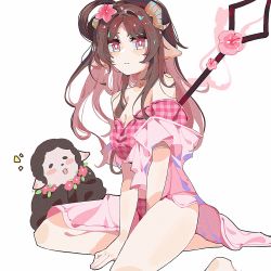 Rule 34 | 1girl, animal, animal ears, arknights, between legs, bikini, brown hair, eyjafjalla (arknights), eyjafjalla (summer flower) (arknights), flower, flower necklace, hair flower, hair ornament, hand between legs, haobuguniao, highres, horns, jewelry, long hair, looking at viewer, necklace, off-shoulder bikini, off shoulder, official alternate costume, pink bikini, pink eyes, pink flower, pink sarong, sheep, sheep ears, sheep girl, sheep horns, simple background, sitting, solo, staff, swimsuit, weapon, weapon on back, white background