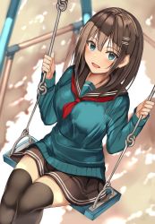 Rule 34 | 1girl, :d, aqua eyes, aqua sweater, black sailor collar, black skirt, black thighhighs, blurry, blush, breasts, brown hair, commentary request, depth of field, hair ornament, hairclip, kureha (ironika), looking at viewer, medium breasts, miniskirt, neckerchief, open mouth, original, outdoors, pleated skirt, red neckerchief, sailor collar, school uniform, serafuku, sitting, skirt, smile, solo, sweater, swing, thighhighs, zettai ryouiki