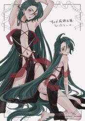 arms_behind_head ass bare_shoulders barefoot black_dress breasts collarbone creatures_(company) dress earrings game_freak green_hair highres jewelry long_hair mtkpasta nintendo pokemon pokemon_sv red_eyes rika_(pokemon) simple_background skinny small_breasts very_long_hair watermark white_background