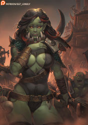 Rule 34 | 1girl, areola slip, armor, belt, black hair, black leotard, breasts, cleavage, colored sclera, colored skin, commentary, dark areolae, double-blade, earrings, english commentary, female orc, genderswap, genderswap (mtf), gluteal fold, green skin, highres, holding, holding weapon, jewelry, large breasts, leotard, looking at viewer, loose belt, medium hair, multicolored hair, multiple boys, muscular, muscular male, no bra, orc, ork (warhammer), pauldrons, plunging neckline, pointy ears, red eyes, red hair, scar, scar on arm, scar on face, scar on leg, sgt lonely, shoulder armor, skull ornament, solid eyes, solo focus, spiked pauldrons, streaked hair, thick thighs, thigh gap, thighs, toned, tusks, two-tone hair, vambraces, warhammer 40k, weapon, yellow eyes, yellow sclera