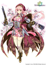 Rule 34 | 1girl, armor, armored dress, beret, boots, braid, brown footwear, brown gloves, cape, cherry blossoms, city forest online, coat, copyright name, cross-laced footwear, dual wielding, floral print, flower, flower knight girl, full body, gloves, green eyes, gun, hat, heterochromia, holding, lace-up boots, long hair, looking at viewer, name connection, object namesake, official art, pink hair, pink skirt, red eyes, red hat, sakura (flower knight girl), single braid, skirt, smile, solo, standing, thighhighs, weapon, white background, white thighhighs