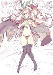 Rule 34 | 10s, 1girl, bed sheet, bikini, black thighhighs, blue eyes, blush, book, cape, christmas, clarisse (granblue fantasy), covering privates, covering breasts, gloves, unworn gloves, granblue fantasy, hat, highres, holly, leaf, long hair, looking away, lying, mistletoe, navel, on back, open clothes, orange hair, red bikini, santa hat, shimotsuki eight, solo, swimsuit, thighhighs