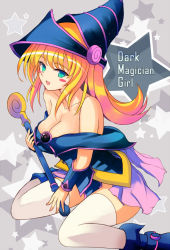 Rule 34 | 1girl, :d, bare shoulders, blonde hair, blue footwear, blush, blush stickers, boots, breasts, character name, cleavage, collarbone, dark magician girl, disembodied blush, duel monster, from side, green eyes, hat, holding, holding staff, kneeling, large breasts, long hair, looking at viewer, looking to the side, off shoulder, open mouth, pentacle, sitting, smile, solo, staff, star (symbol), starry background, thighhighs, wariza, white thighhighs, wizard hat, yodori, yu-gi-oh!