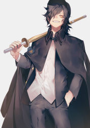 Rule 34 | 1boy, absurdres, black coat, black hair, black jacket, black pants, coat, coat on shoulders, collared shirt, commentary request, facial hair, fate/grand order, fate/type redline, fate (series), feet out of frame, grey background, hair over one eye, hand in pocket, hat, highres, holding, holding sword, holding weapon, jacket, katana, koha-ace, long hair, long sleeves, looking at viewer, male focus, military hat, official alternate costume, okada izou (dog) (fate), okada izou (fate), over shoulder, pants, ponytail, sava (sava 023), shirt, simple background, solo, sword, sword over shoulder, uniform, weapon, weapon over shoulder, white background, wooden sword, yellow eyes