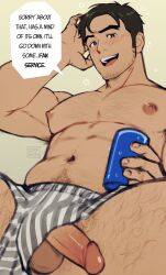 Rule 34 | 1boy, abs, arm up, armpit hair, artist name, bara, beard stubble, beowulf (skullgirls), black hair, chest hair, clothing aside, commentary, drink, english commentary, english text, facial hair, hairy, holding, holding drink, large pectorals, leg hair, looking at viewer, looking down, male focus, male underwear, male underwear aside, muscular, muscular male, navel hair, open mouth, pectorals, penis, pubic hair, ruffling hair, sideburns, simple background, skullgirls, speech bubble, striped, striped male underwear, stubble, teeth, testicles, thick eyebrows, topless male, underwear, upper teeth only, veins, vertical stripes, zink (zink mchn)