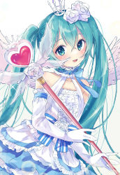 Rule 34 | 1girl, angel wings, bare shoulders, blue gemstone, blue ribbon, blush, bow, center frills, choker, collarbone, crown, detached collar, dot nose, dress, elbow gloves, feathered wings, flower, frilled dress, frills, gem, glint, gloves, green eyes, green hair, hair between eyes, hair flower, hair ornament, halter dress, halterneck, hatsune miku, heart wand, highres, holding, holding staff, layered dress, lens flare, light smile, long hair, looking at viewer, mini crown, mini wings, parted lips, paya (alunair), ribbon, ribbon choker, rose, simple background, solo, staff, straight hair, strapless, strapless dress, striped ribbon, twintails, upper body, very long hair, vocaloid, waist bow, white background, white flower, white gloves, white rose, white wings, wings