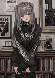 Rule 34 | 1girl, absurdres, artist self-reference, black collar, black hoodie, black thighhighs, blush, book, born to die world is a fuck (meme), clock, collar, colored inner hair, commentary, cowboy shot, english commentary, gishiki (gshk), grey hair, hair bobbles, hair ornament, highres, hood, hoodie, indoors, jewelry, lamp, long hair, long sleeves, looking at viewer, meme, multicolored hair, original, parted lips, pink eyes, pink hair, smile, solo, spiked collar, spikes, standing, thighhighs, twintails