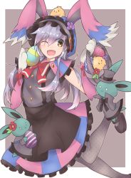 Rule 34 | 1girl, ;d, animal ears, animal hands, animal hood, apron, bad id, bad pixiv id, bird, blush, bow, bowtie, chick, dress, easter, easter egg, egg, elbow gloves, gloves, grey pantyhose, hood, long hair, looking at another, mary janes, one eye closed, open mouth, orange eyes, original, pantyhose, paw gloves, picnic basket, purple hair, rabbit, rabbit ears, rabbit hood, red bow, red bowtie, sasa onigiri, shoes, smile, solo, waist apron