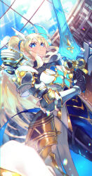 1girl absurdres armor armored_dress blonde_hair blue_eyes blush bookshelf breastplate breasts closed_mouth cross-shaped_pupils day dome floating_headgear from_below gauntlets greatsword greaves headgear helmet highres holding holding_sword holding_weapon holy_saber_(shadowverse) indoors knight large_breasts light_particles light_rays long_hair looking_at_viewer magic orr_(kkkkbbbbc) ponytail shadowverse shoulder_armor side_slit smile standing sword symbol-shaped_pupils unworn_headwear unworn_helmet weapon