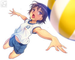 Rule 34 | 1girl, armpit peek, artist logo, artist name, bad id, bad pixiv id, ball, black hair, blue shorts, blurry, blurry foreground, blush, breasts, brown eyes, clothes writing, depth of field, dress, full body, girls und panzer, gym shirt, gym shorts, gym uniform, isobe noriko, midair, navel, open mouth, outstretched arm, pairan, playing sports, shirt, short hair, short sleeves, shorts, simple background, small breasts, solo, v-shaped eyebrows, volleyball, volleyball (object), white background