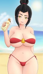Rule 34 | 1girl, absurdres, avatar: the last airbender, avatar legends, azula, beach, bikini, black hair, blurry, blurry background, breasts, cleavage, collarbone, cowboy shot, depthsofmind, female focus, grin, hair bun, hair ornament, highres, holding, large breasts, lipstick, looking at viewer, lotion, makeup, nail polish, navel, ocean, outdoors, outline, red bikini, single hair bun, smile, solo, sunscreen, swimsuit, thighs, yellow eyes