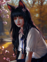 Rule 34 | 1girl, ahri (league of legends), animal ears, artist name, black hair, black skirt, blue ribbon, blurry, blurry background, collared shirt, facial mark, flower, fox ears, grey flower, hair flower, hair ornament, highres, league of legends, long hair, looking at viewer, neck ribbon, nixeu, orange eyes, parted lips, pleated skirt, ribbon, shirt, sitting, skirt, solo, teeth, whisker markings, white shirt