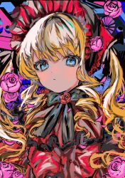 Rule 34 | 1girl, absurdres, blonde hair, blue eyes, character request, dress, flower, gothic lolita, highres, lolita fashion, looking at viewer, momae makku, pink flower, red dress, red flower, red headwear, rozen maiden, sketch, solo, twintails