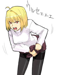 Rule 34 | 00s, 1girl, ahoge, annoyed, arcueid brunestud, bent over, black pantyhose, blonde hair, female focus, long skirt, long sleeves, open mouth, pantyhose, purple skirt, red eyes, short hair, simple background, skirt, solo, sweater, thighband pantyhose, tsukihime, turtleneck, white background, wringing clothes, yu 65026