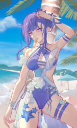 Rule 34 | 1girl, absurdres, arm up, bare shoulders, beach, blue sky, breasts, comet (user fjsa4577), commentary request, day, gluteal fold, highres, honkai (series), honkai impact 3rd, medium breasts, ocean, official alternate costume, outdoors, purple eyes, raiden mei, raiden mei (crooning tides) (honkai impact), raiden mei (herrscher of origin), sky, solo, starfish, thigh strap, tree