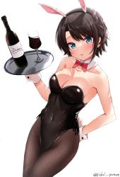 Rule 34 | 1girl, alcohol, animal ears, black leotard, blue eyes, blush, bottle, bow, bowtie, breasts, brown hair, brown pantyhose, cleavage, covered navel, cup, detached collar, drinking glass, dutch angle, ex idol, fake animal ears, fake tail, fishnet pantyhose, fishnets, head tilt, highres, holding, holding tray, hololive, leotard, looking at viewer, medium breasts, oozora subaru, open mouth, pantyhose, playboy bunny, rabbit ears, rabbit tail, red bow, red bowtie, short hair, simple background, solo, standing, swept bangs, tail, tray, twitter username, virtual youtuber, white background, wine, wine bottle, wine glass, wrist cuffs