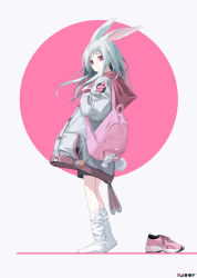 Rule 34 | 1girl, absurdres, animal ears, backpack, bag, bag charm, celia 1315, cellphone, cellphone charm, charm (object), frown, highres, holding strap, hood, hoodie, long hair, long sleeves, looking at viewer, loose socks, neck ribbon, no shoes, original, oversized clothes, phone, pink eyes, rabbit charm, rabbit ears, rabbit girl, rabbit tail, ribbon, shoes, unworn shoes, smartphone, sneakers, socks, solo, tail, tearing up, white hair