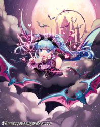 Rule 34 | 1girl, bat (animal), bat wings, blue eyes, blue hair, boots, bow, cardfight!! vanguard, castle, cloud, demon girl, demon tail, heart, high heel boots, high heels, long hair, matsurika youko, moon, night, night sky, official art, open mouth, sky, solo, sparkle, demon girl, succubus of seductive smile, tail, twintails, wings