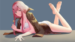 Rule 34 | 10s, 1girl, :q, absurdres, arm support, ass, bare legs, barefoot, bow, bow bra, bra, breasts, brown eyes, brown jacket, candy, cleavage, closed mouth, commentary request, darling in the franxx, feet, food, full body, highres, holding, holding food, horns, insignia, jacket, lace, lace-trimmed bra, lace-trimmed panties, lace trim, legs, legs up, lollipop, long hair, looking at viewer, lying, medium breasts, military jacket, on stomach, oni horns, open clothes, open jacket, panties, pink hair, shadow, sidelocks, siunaus, smirk, soles, solo, the pose, toes, tongue, tongue out, underwear, white bra, white panties, zero two (darling in the franxx)