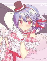Rule 34 | 1girl, alternate costume, bare shoulders, bat wings, beni kurage, blush, bow, braid, breasts, buttons, checkered clothes, checkered dress, checkered pattern, commentary request, dress, dress bow, eyelashes, fingers together, frilled dress, frills, gloves, hair ribbon, hat, unworn headwear, highres, light purple hair, looking to the side, mini hat, no headwear, off-shoulder dress, off shoulder, open mouth, pointy ears, red bow, red eyes, red ribbon, remilia scarlet, ribbon, short hair, single braid, small breasts, solo, steepled fingers, top hat, touhou, tress ribbon, white gloves, wings