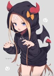Rule 34 | &gt;:o, 1girl, abigail williams (fate), bandaid, bandaid on face, bandaid on forehead, black hoodie, blonde hair, blue eyes, blush, bow, commentary request, crossed bandaids, demon horns, demon tail, demon wings, fake horns, fake tail, fake wings, fang, fate/grand order, fate (series), gamuo, halloween, highres, hood, hood up, hoodie, horns, jack-o&#039;-lantern, long hair, long sleeves, looking at viewer, orange bow, parted bangs, simple background, sleeves past wrists, solo, tail, v-shaped eyebrows, very long hair, wings, zipper pull tab