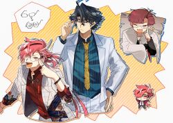 3boys :d adjusting_eyewear ahoge black_hair blue_eyes blue_shirt blush bracelet chibi closed_mouth coat collared_shirt commentary_request earclip eyewear_switch fate/grand_order fate_(series) frown glasses grey_hair hair_between_eyes hair_ornament hair_over_one_eye hairclip hand_on_own_hip hand_up highres jacket jewelry lapels long_hair long_sleeves looking_at_viewer low_ponytail male_focus multicolored_hair multiple_boys necktie one_eye_closed open_clothes open_jacket open_mouth outline pants parted_bangs pink_hair ponytail print_necktie red_eyes red_hair red_shirt ring round_eyewear shirt short_sleeves simple_background smile speech_bubble streaked_hair striped_background striped_clothes striped_shirt takasugi_shinsaku_(fate) takasugi_shinsaku_(first_ascension)_(fate) teeth v-shaped_eyebrows vertical-striped_clothes vertical-striped_shirt very_long_hair white_background white_coat white_jacket white_outline white_pants wing_collar yellow_background yellow_necktie yoshida_shouin_(fate) yuu_(areruya)